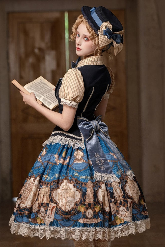[Reservation Deadline: November 6] Navy Blue/Brown Classic Italian Travel Diary Lolita Stripe Puff Sleeve Bow Lace Vintage Print One-Piece Dress