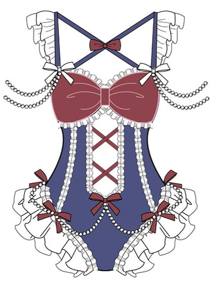 Frilled Shoulder Pearl Ribbon Decoration Idol Taste Onepiece Swimsuit