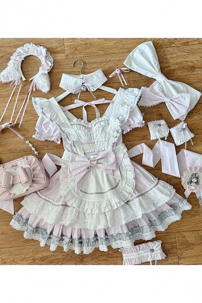[Pre-Order] Pink Sweet Lolita Ruffle Maid Dress Set (Detachable Collar with Bells + Waist Apron with Ribbon + Back Ribbon + Leg Rings)