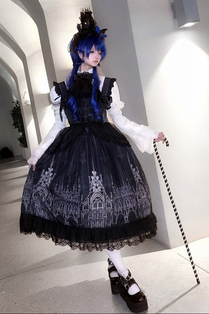 【10月13日予約締切】Gothic Lolita Black White Cathedral Print Lace Trim JSK Dress + Full Dress Set (Detachable Sleeved Shirt, Mini Hat, Apron, Brooch)