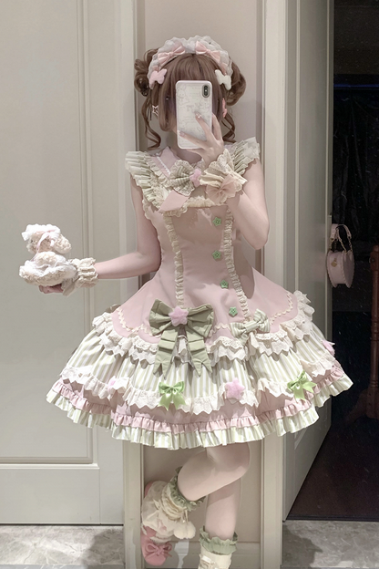 [Reservierungsschluss 22. Juni] Süßes Lolita-Stufenkleid in Pastell und Schwarz mit Sternen und Schleifen