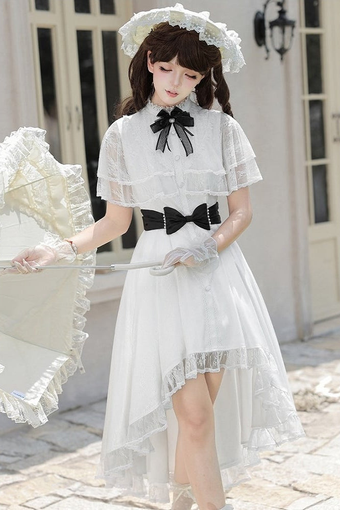【10月8日予約締切】White Classic Lolita Black Bow High-Low Dress(Sheer lace hem version / Plain satin frill hem version)
