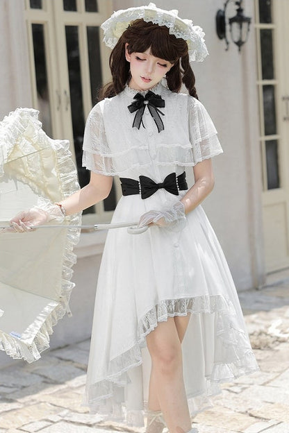 【10月8日予約締切】White Classic Lolita Black Bow High-Low Dress(Sheer lace hem version / Plain satin frill hem version)