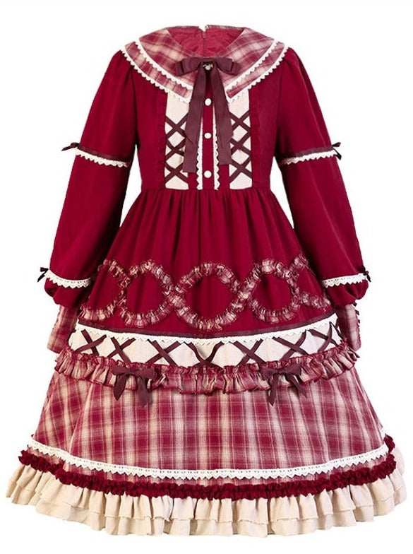 Check Ribbon Lace-up Lantern Sleeve Tiered Dress + Wolf Ear Hoodie Check Layered Cape Coat [Little Red Riding Hood Coordination]