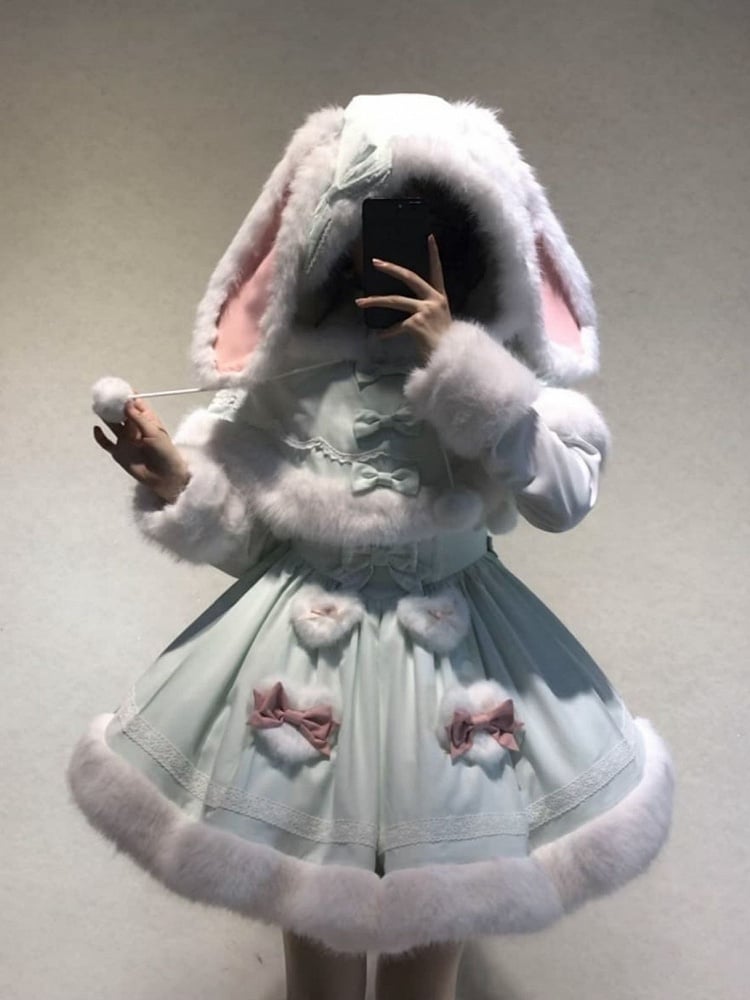 【12月19日予約締切】Sweet Dream Rabbitミントグリーンうさ耳フーディーファーケープ＋OPドレス＋サスペンダードレス＋インナートップス