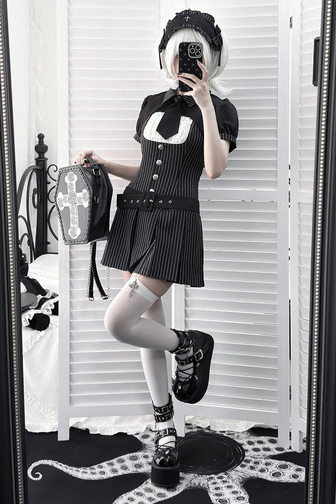 【4月29日予約締切】ブラックピンストライプタイカラーショートジャケットドレスフルセット＋ジュエルキャスケット