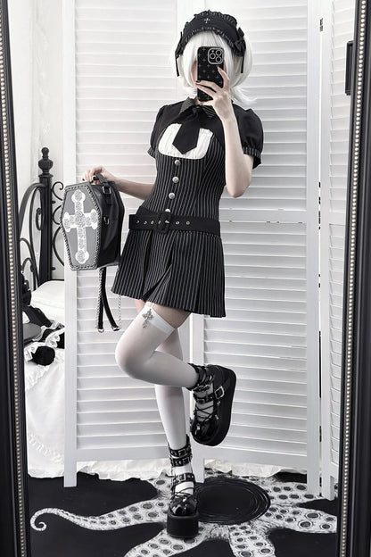 【4月29日予約締切】ブラックピンストライプタイカラーショートジャケットドレスフルセット＋ジュエルキャスケット
