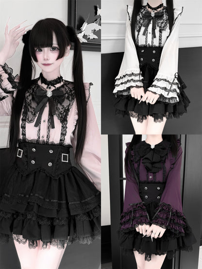 【1月7日予約締切】ジュエルリボンベルスリーブシャツ＋ブラックストライプティアードスカート＋セットアップ