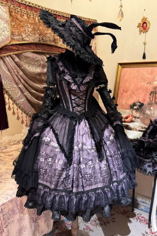 【10月30日予約締切】Purple And Black Gothic Lolita Dress Complete Set [Bunny Ear Hat Version/Witch Hat Version] (Witch Print Bustier Dress + Black Short-Sleeved Blouse + Bat Wing Back Train + Detachable Princess Sleeves)