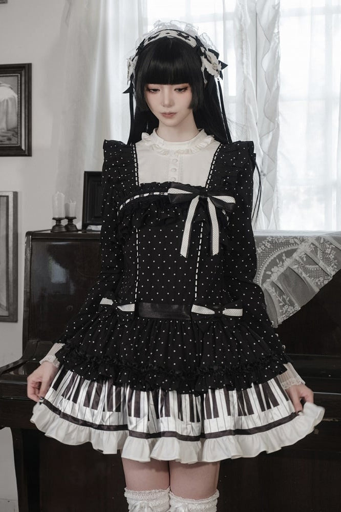 [Date limite de réservation : 22 octobre] Robe de poupée taille basse gothique Lolita à pois/noire avec touches de piano, nœud à volants