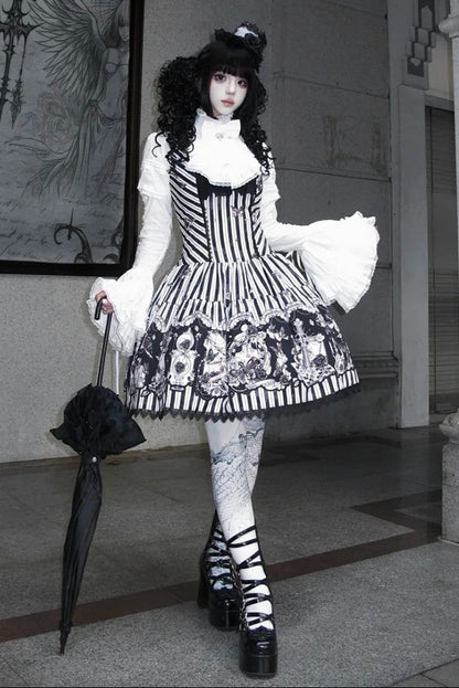 【10月3日予約締切】Black/White Elegant Gothic Puff Sleeve Shirt With Detachable Bell Sleeves And Frill Collar Jabot
