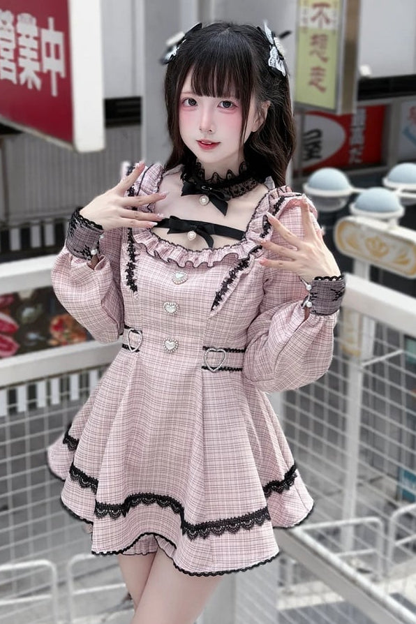 【12月18日予約締切】ジュエルリボンカラースイートレースチェックドレスセットアップ