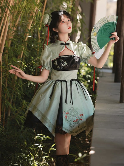 China Print Short Dress + Apron + Big Bow