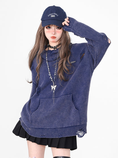 Damaged dark hooded knit top