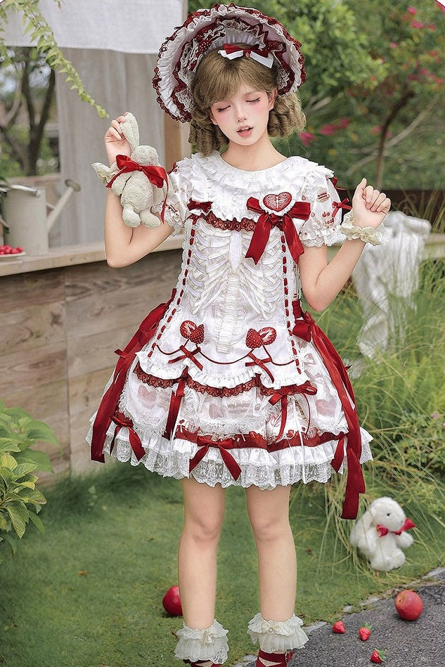 【11月4日予約締切】Strawberry Print Sweet Lolita Lace Bow JSK Dress + Puff Sleeve Lace Bow Doll Dress with Bone Embroidery Apron