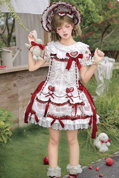 【11月4日予約締切】Strawberry Print Sweet Lolita Lace Bow JSK Dress + Puff Sleeve Lace Bow Doll Dress with Bone Embroidery Apron