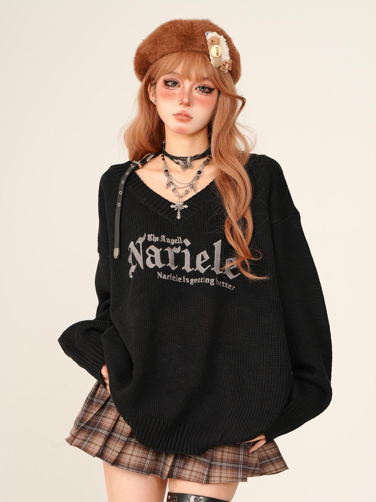 Lazy Style Letter V-Neck Loose Knit [Reserved Item