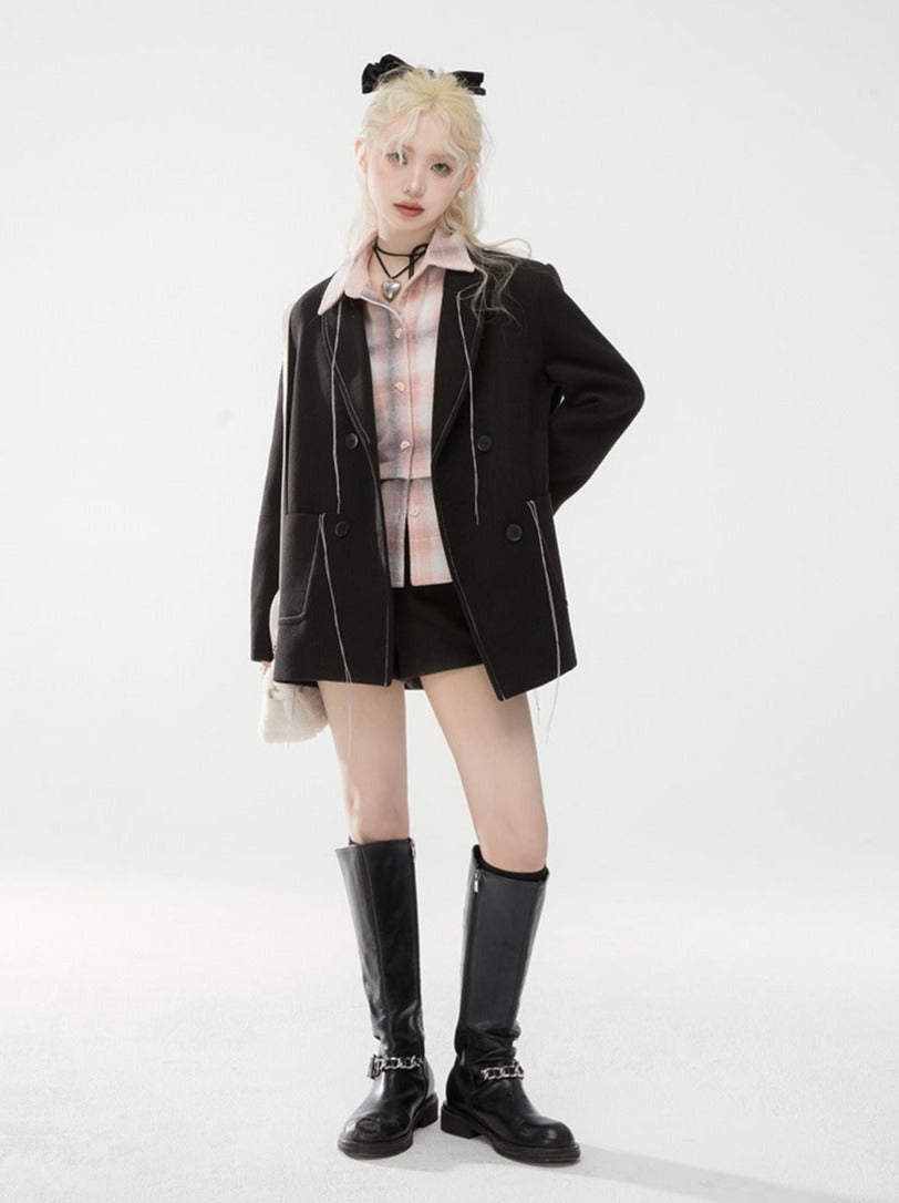 Cream Pink Check American Retro Loose Splicing Shirt