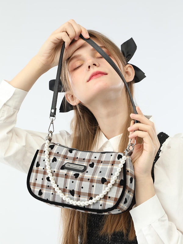 アメリカンレトロスイートクールラブチェックパールハンドルショルダーバッグ