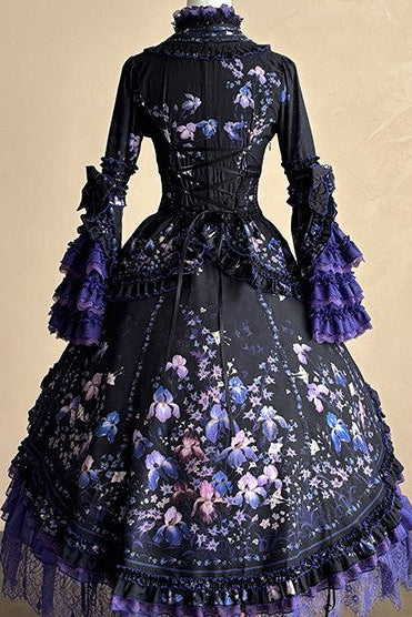 【9月13日予約締切】Purple Floral Print High-Low Hem Gothic Lolita Bell Sleeve Layered Ruffle Dress Top