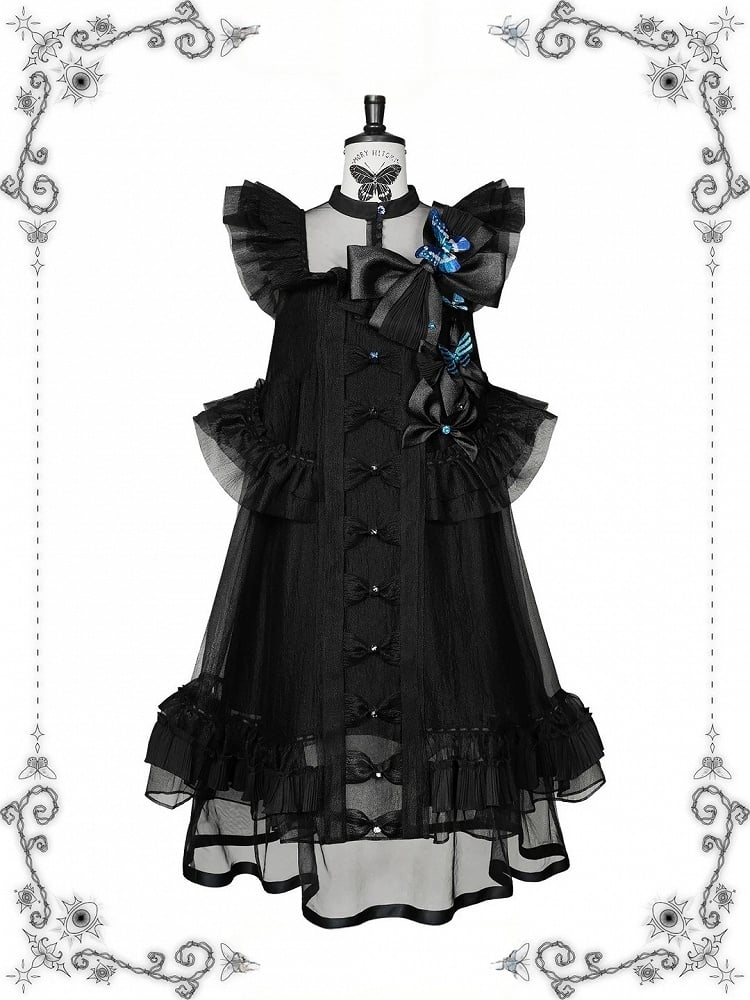 [Vorbestellfrist: 1014] Schwarz/weißes Gothic-Lolita-Set aus Puppenkleid mit Schmetterlingsschleife, Bandkragen und Flatterärmeln + Puppenkleid mit eckigem Ausschnitt und Flatterärmeln