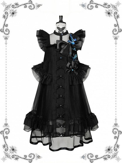 [Vorbestellfrist: 1014] Schwarz/weißes Gothic-Lolita-Set aus Puppenkleid mit Schmetterlingsschleife, Bandkragen und Flatterärmeln + Puppenkleid mit eckigem Ausschnitt und Flatterärmeln
