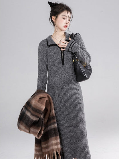 Luxembourg Mix Pattern Grey Wool Knit Dress