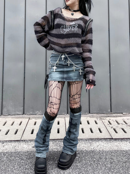 Dark Side Lace Up Denim Skirt Cross Print Denim Leg Warmers