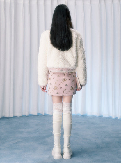 Small Fragrance Sweet Flower Fur Jacket + Tight Mini Skirt + Tight Long Skirt