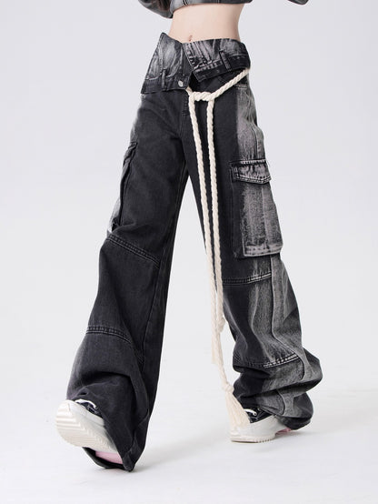 Side-osh design loose cargo denim pants + belt