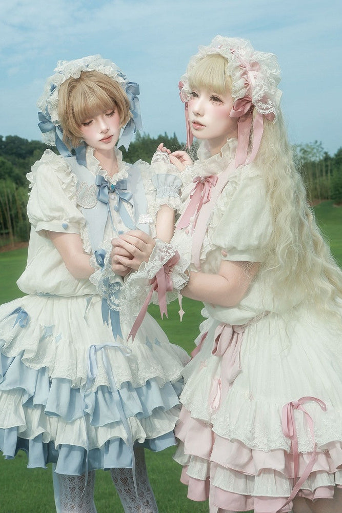 【8月29日予約締切】Blue x White/ Pink x White Doll Sweet Lolita Asymmetrical Ruffle Dress Full Set （with Pointed Collar + Bow Tie + Waist Belt）