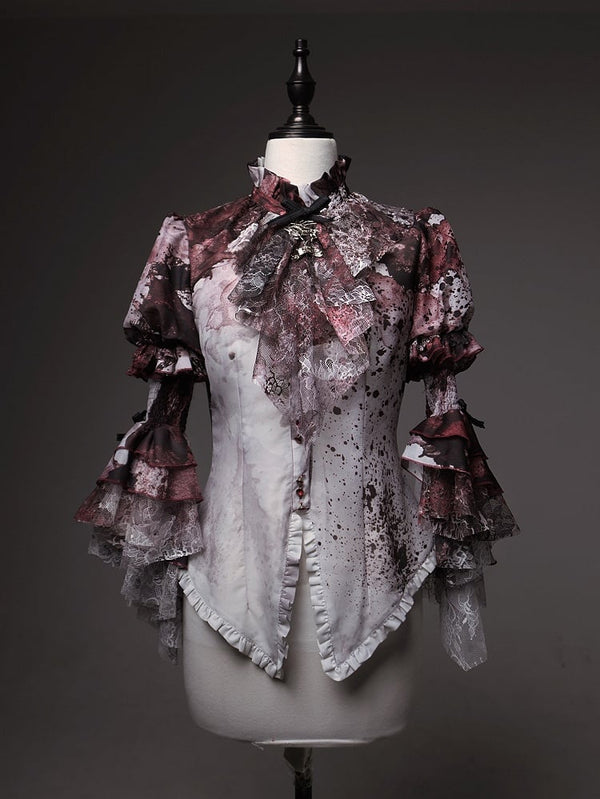 [Deadline for reservations: December 10] Bloodstained Print Ruffle Stand Collar Princess Sleeve Shirt