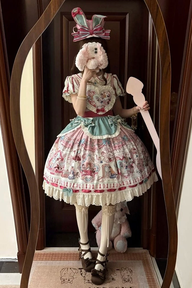 [Pre-order Deadline: July 1] Pink x Green Alice Cat Sweet Lolita Puff Sleeve OP Dress (with Ribbon Apron and Playing Card Motif Waist Belt)