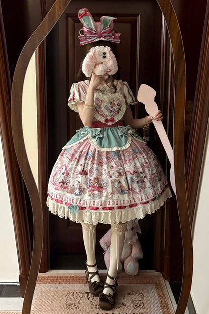 [Pre-order Deadline: July 1] Pink x Green Alice Cat Sweet Lolita Puff Sleeve OP Dress (with Ribbon Apron and Playing Card Motif Waist Belt)