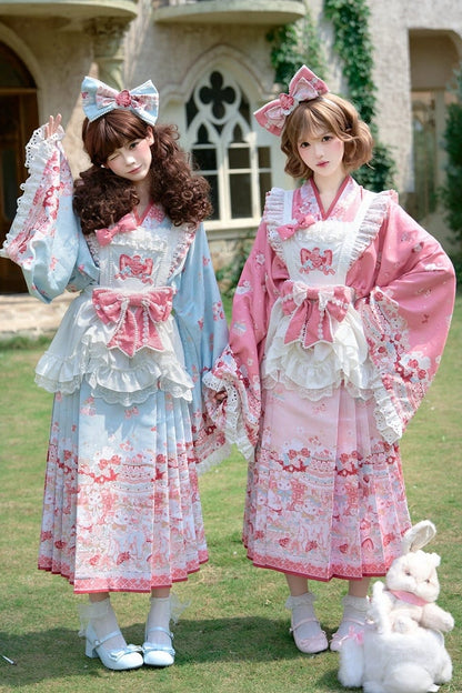 【10月21日予約締切】Pink/Blue Hanfu-inspired Little Lamb Tea Party Lace Wide Sleeve Blouse + Printed Ruffle Skirt + Pleated Mamian Skirt + Strawberry Embroidered Ribbon Lace Apron