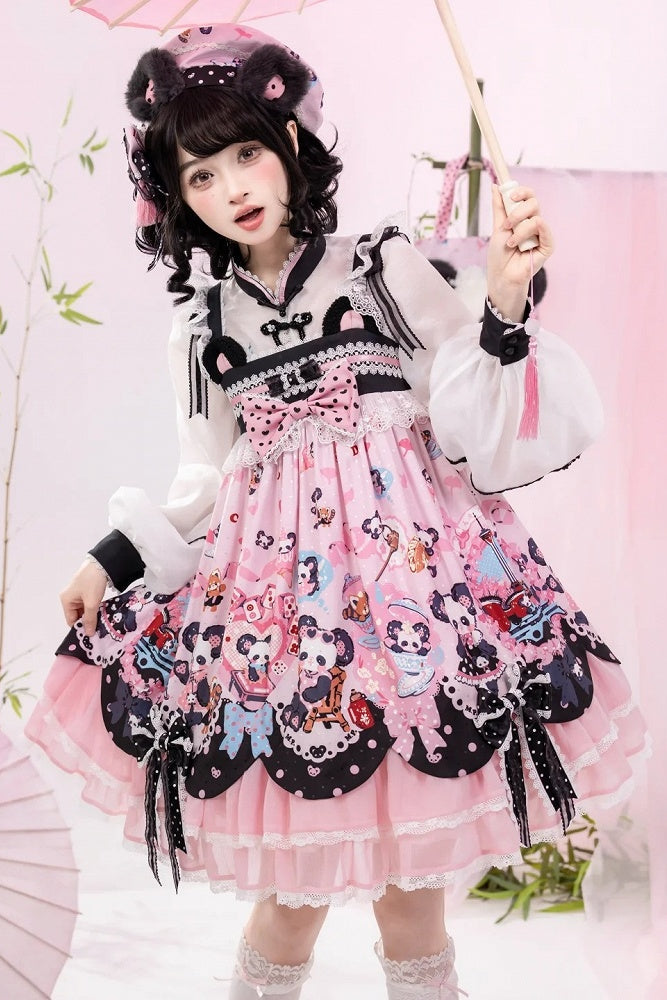 [Pre-order Deadline: October 25] Pink/Green Chinoiserie Lolita Sweet Panda Ear Bow High-Waist Tiered JSK Dress + Bow-Waist Panda Print Dress