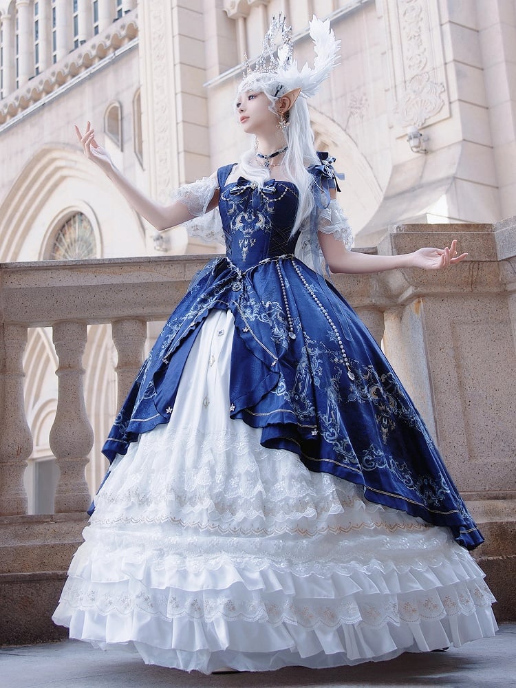 【5月3日予約締切】ダークブルーホワイトコルセットレースリボンロリータJKSプリンセスドレス＋コンプリートセット