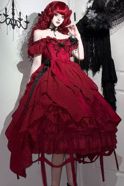 【10月28日予約締切】Red Butterfly Gothic Lolita Puff Sleeve Dress Top + Layered Ruffle Asymmetrical Hem Skirt Set (With Chest Brooch + Waist Brooch)