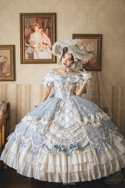 【9月10日予約締切】Pink/Blue Rococo Fantasy Puff Sleeve Ribbon Tiered Princess Lolita Dress Bridal＋Full set[Op Dress + Feather Hat + Choker + Back Ribbon Train + Lace Gloves]