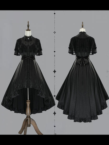 【10月8日予約締切】Black Classic Lolita Black Bow High-Low Dress(Sheer lace hem version / Plain satin frill hem version)
