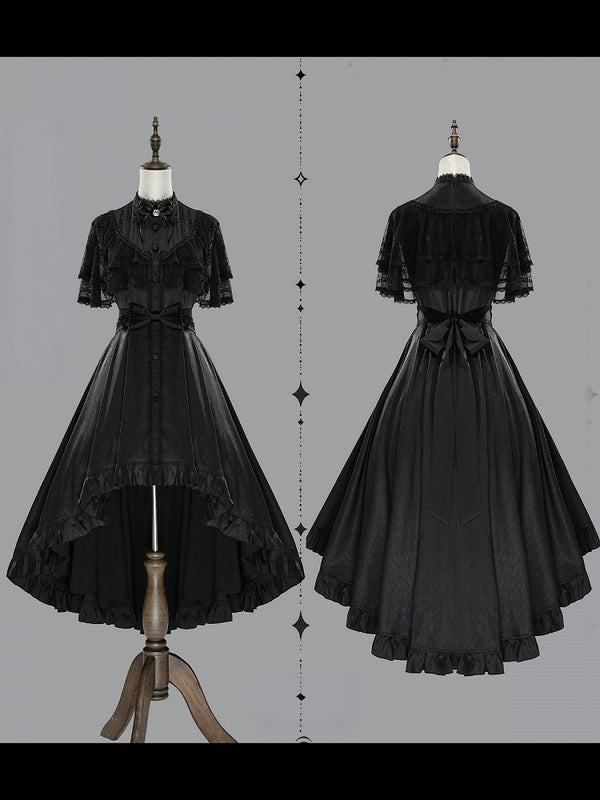 【10月8日予約締切】Black Classic Lolita Black Bow High-Low Dress(Sheer lace hem version / Plain satin frill hem version)