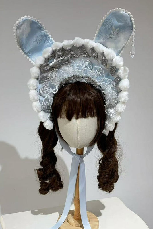 Snow Rabbit Ball Series: Bonnet with rabbit ears + crown veil + accessories