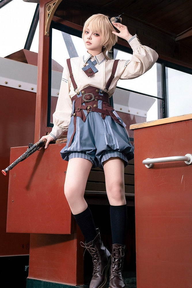 【10月2日予約締切】Vintage Prince Ivory Shirt + Blue Stripe Shorts + Brown Suspender Corset + Waist Belt + Full Set