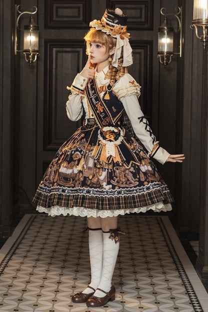 [Reservierungsschluss 8. September] Classic Bear Lolita-Stufenkleid mit weißem Kragen, Karomuster, Spitze und Schleife+Vintage-JSK-Kleid mit Teddybär-Print und Spitze+Vintage-Lolita-Kleid mit Teddybär-Print, Karokragen und klassischem Karomuster
