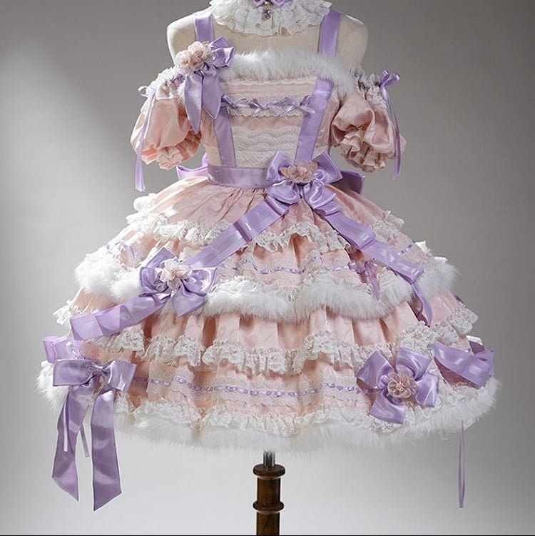 【12月26日予約締切】キャットファンタジーピンクパープルファーリボンティアードドレス＋猫耳ヘッドKC＋レースチョーカー