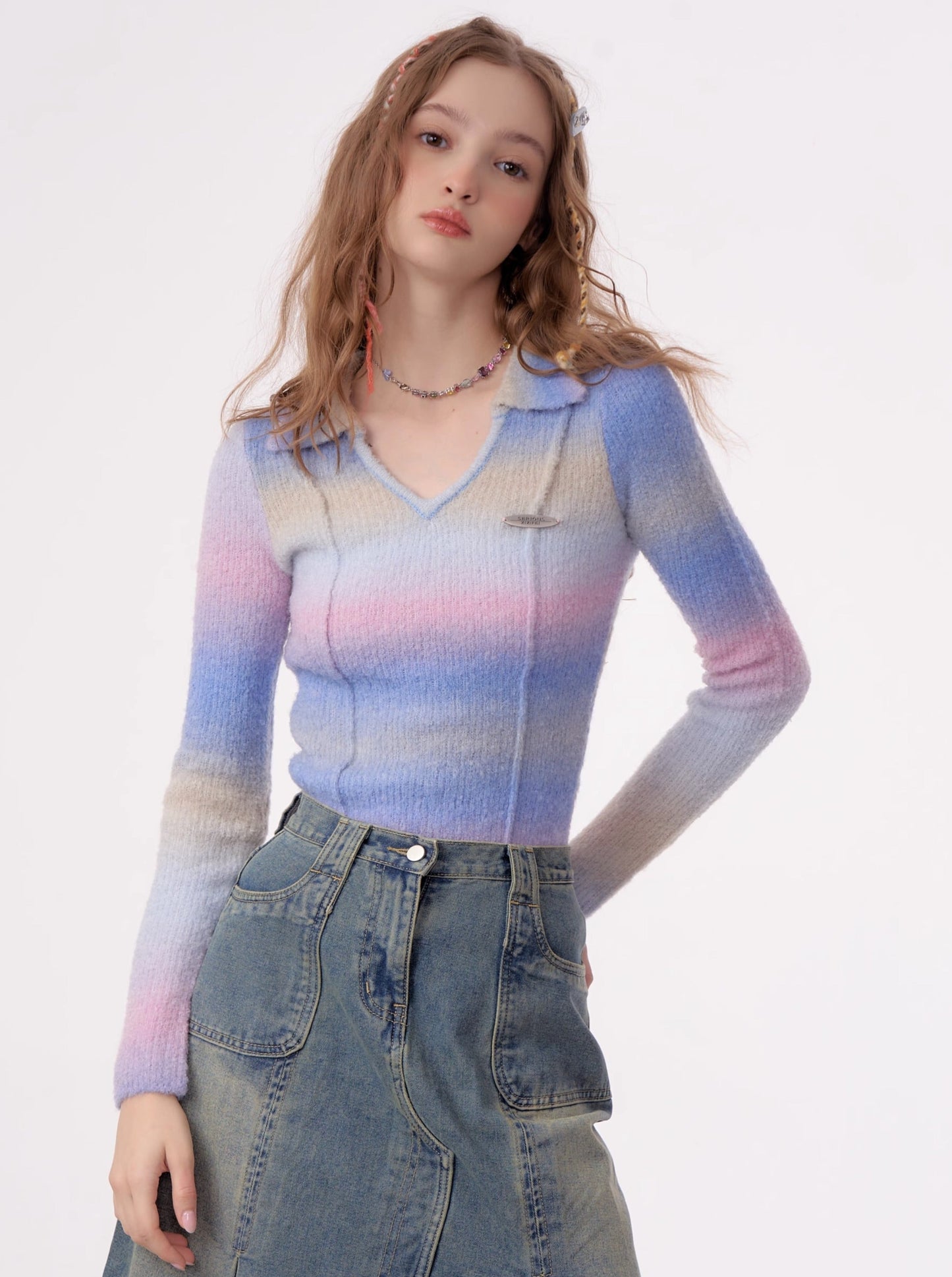 Polo V-Neck Retro Striped Gradient Knit