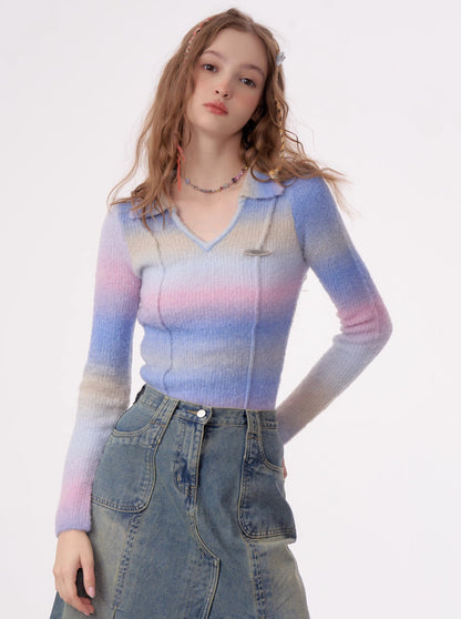 Polo V-Neck Retro Striped Gradient Knit