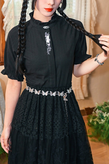 コットンススタンドカラーブラックスリムシャツ