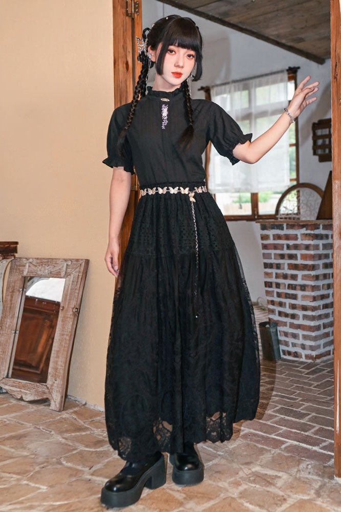 コットンススタンドカラーブラックスリムシャツ