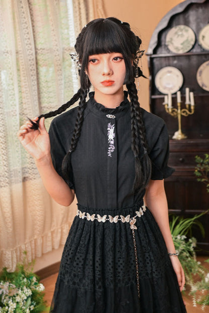 コットンススタンドカラーブラックスリムシャツ